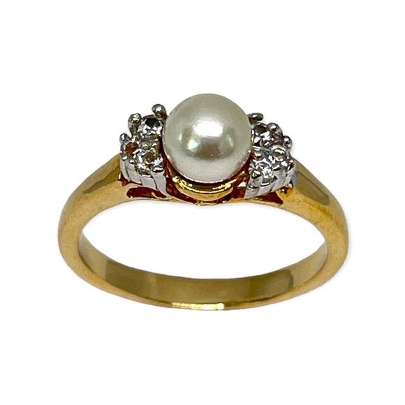 Vintage Ring Size 8 Simulated Pearl CZ Accent 14K Gold Plate Mid-Century MCM 3D - Picture 13 of 16